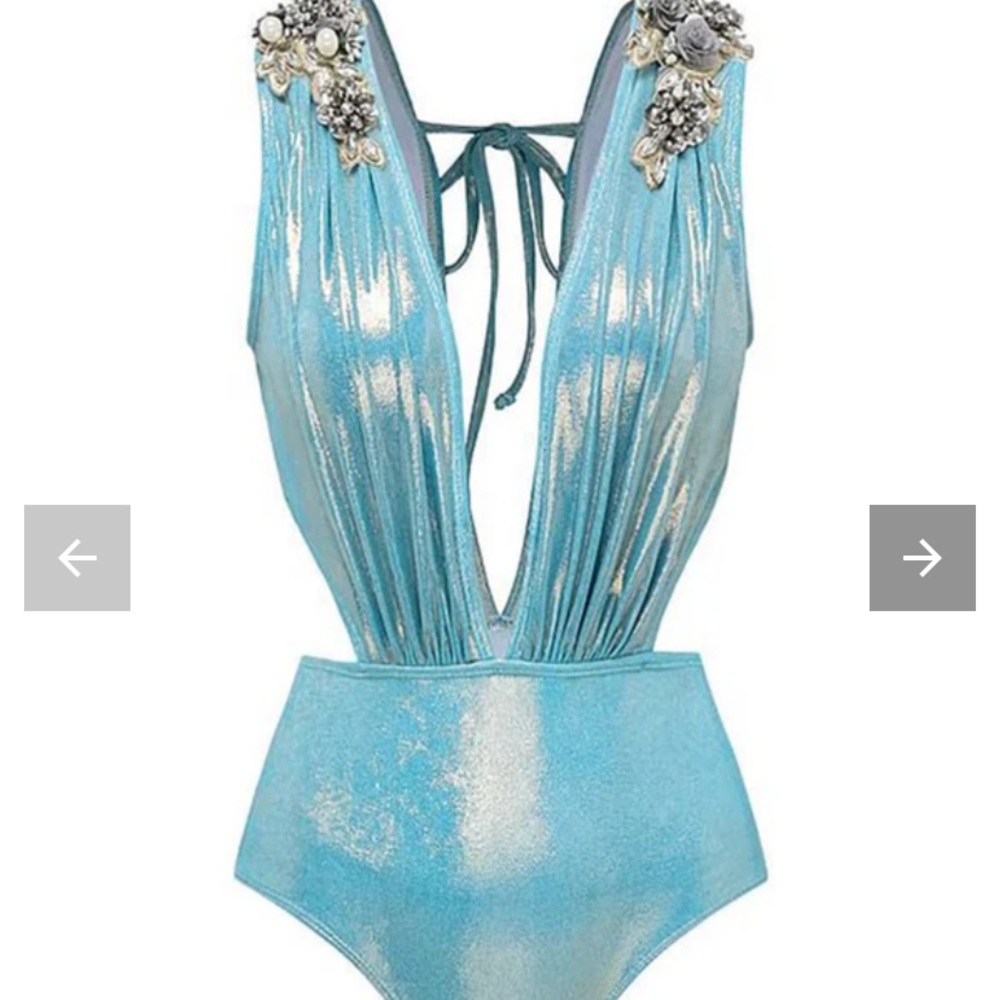 Aqua Blue One Piece Swimsuit with Cover Up! Crystal Embellishments on both!